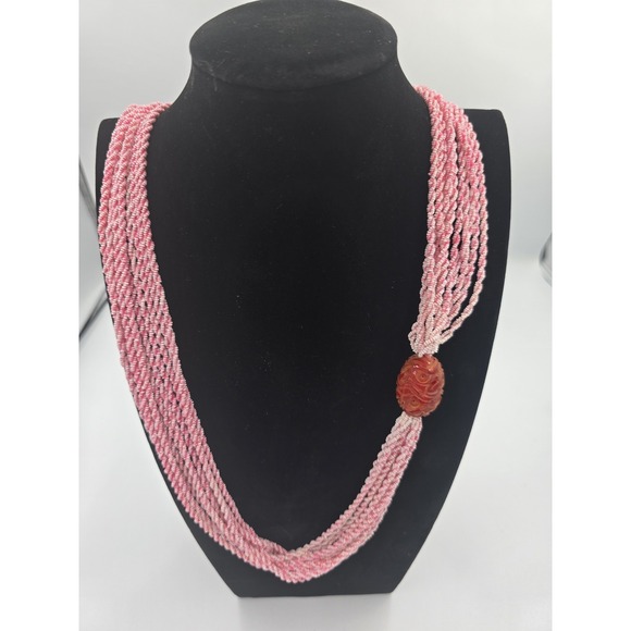 Does not apply Jewelry - Vintage Multi-Strand Pink & White Seed Bead Necklace with Carved Cinnabar Focal
